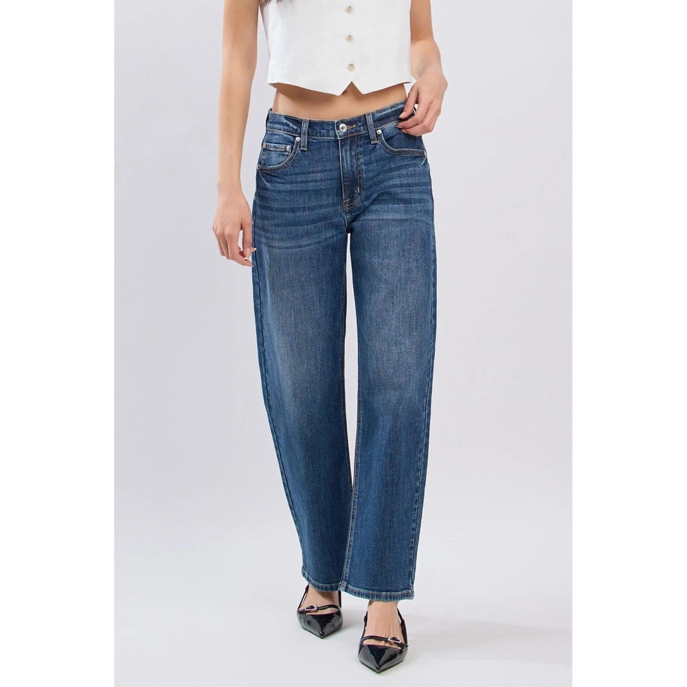 NWT Eunina Danica Bowed Straight Mid Rise Jeans Sz 7/28 Momcore Barrel Style - Picture 2 of 16